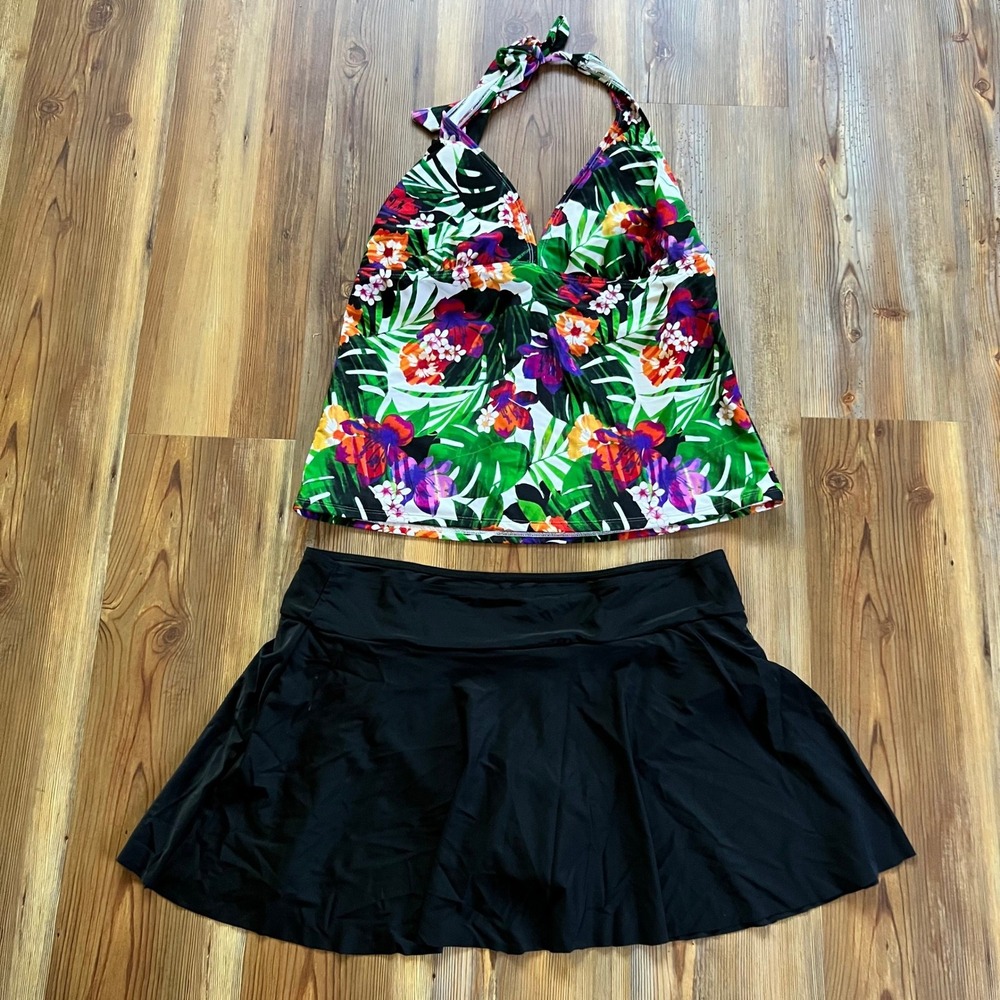 Catalina Womens XL 16-18 Tropical Floral Halter Tankini Top & Swim Skirt Set